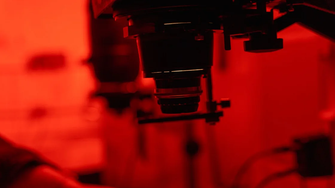 Cabezal de una ampliadora con su objetivo, iluminado por la luz de seguridad roja de un cuarto oscuro